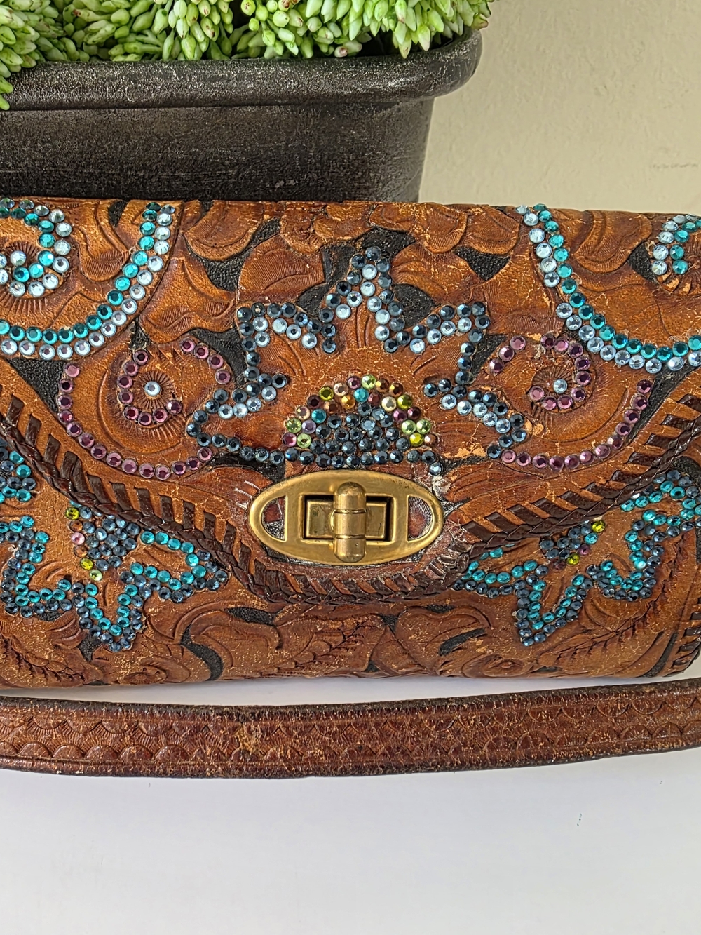 Vintage Roth & Madge Swarovski Crystal Tooled Leather Mini Bag Wristlet - Picture 6 of 17